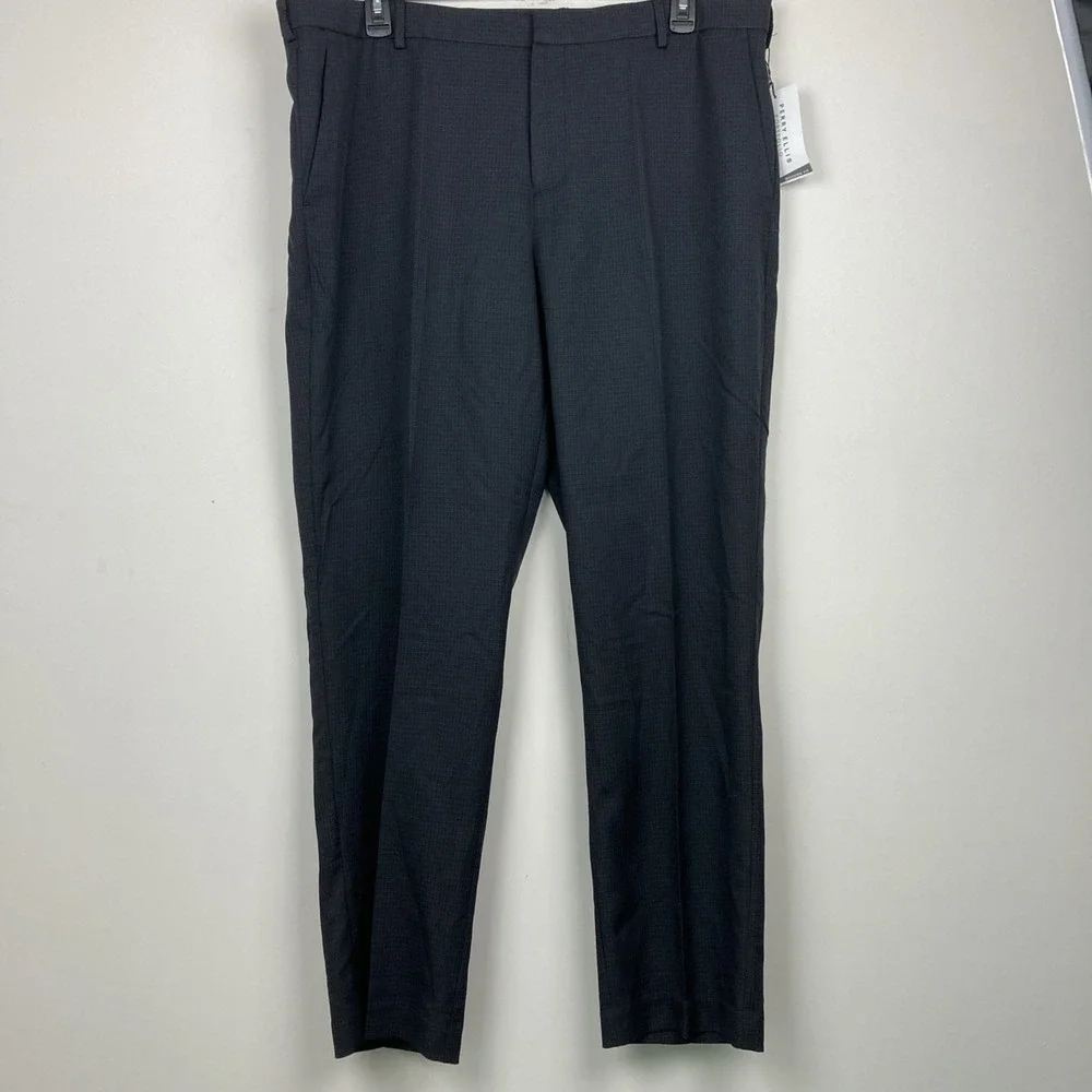 Perry Ellis Modern-Fit Flat Front Dress Pants 40W 32L‎ Black Grey Plaid
